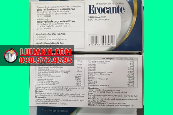 Bảng thành phần của viên uống Erocante