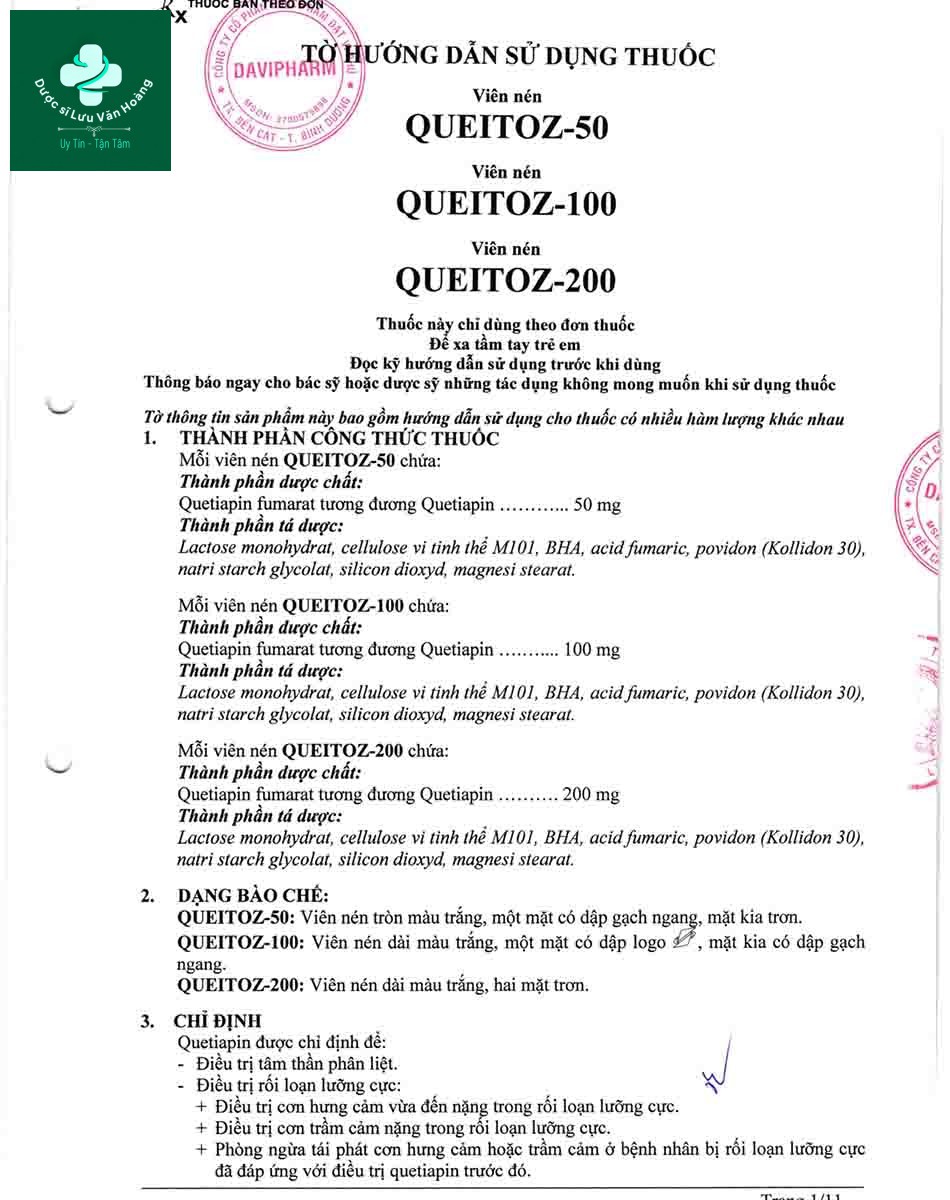 Quetiapin 200mg 33 Hướng dẫn sử dụng thuốc Queitoz-200